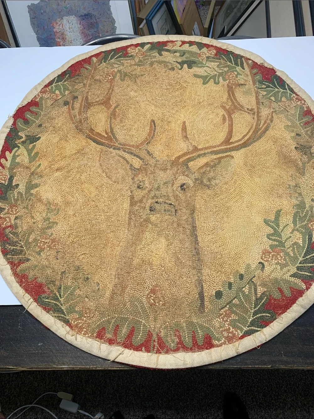 Round Stag Hooked Rug Accent - Red & Tan